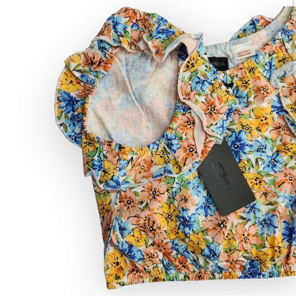 Silver Jeans Co Girls Youth Floral Pink Orange Blue Ruffled Crop Tank Top Size L - Picture 3 of 8
